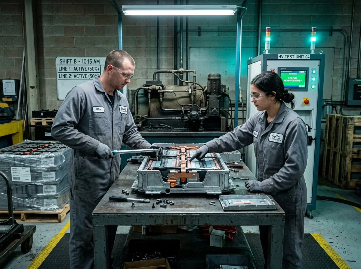 Two tier-2 workers assembling an EV battery module beside an idle legacy hydraulic line in a retooled Ohio components plant.