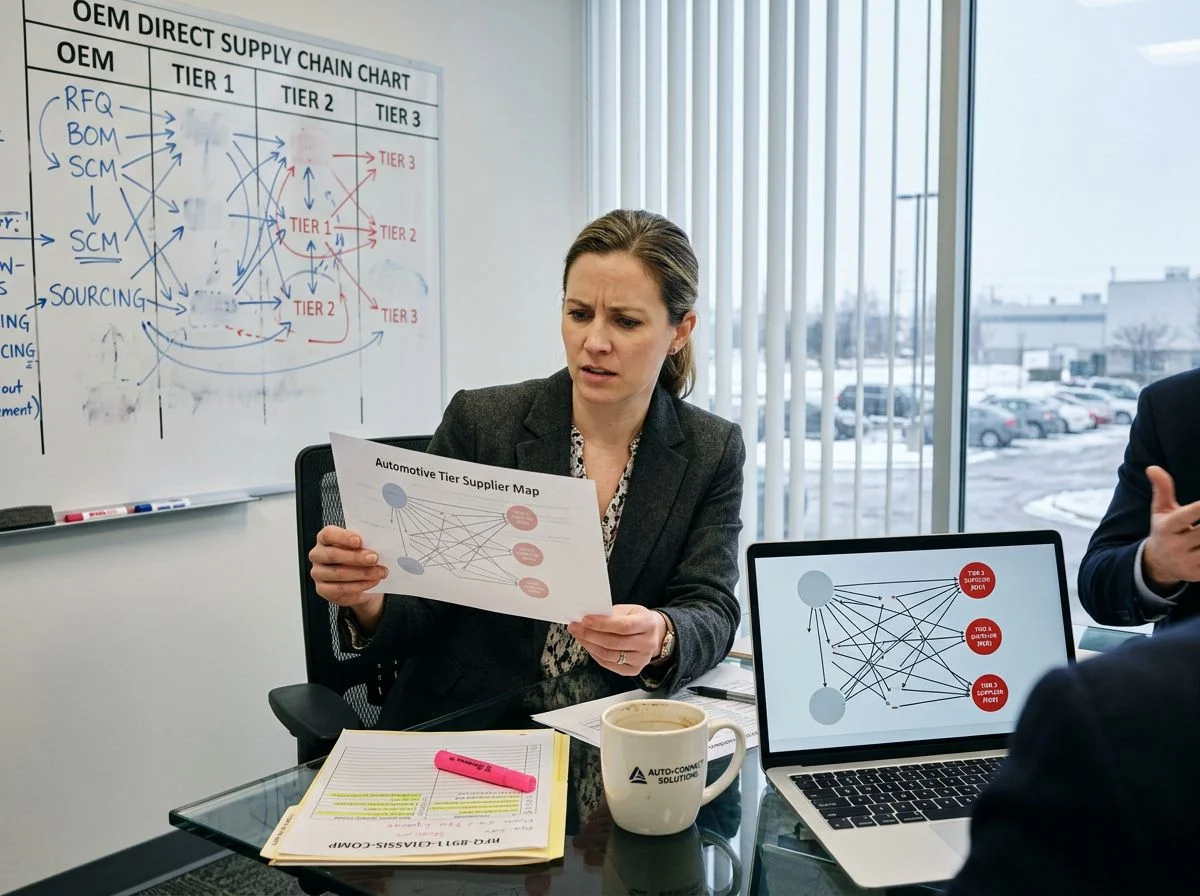 A procurement analyst in a glass conference room frowning at a tier-supplier map that doesn't match the OEM chart on the wall.