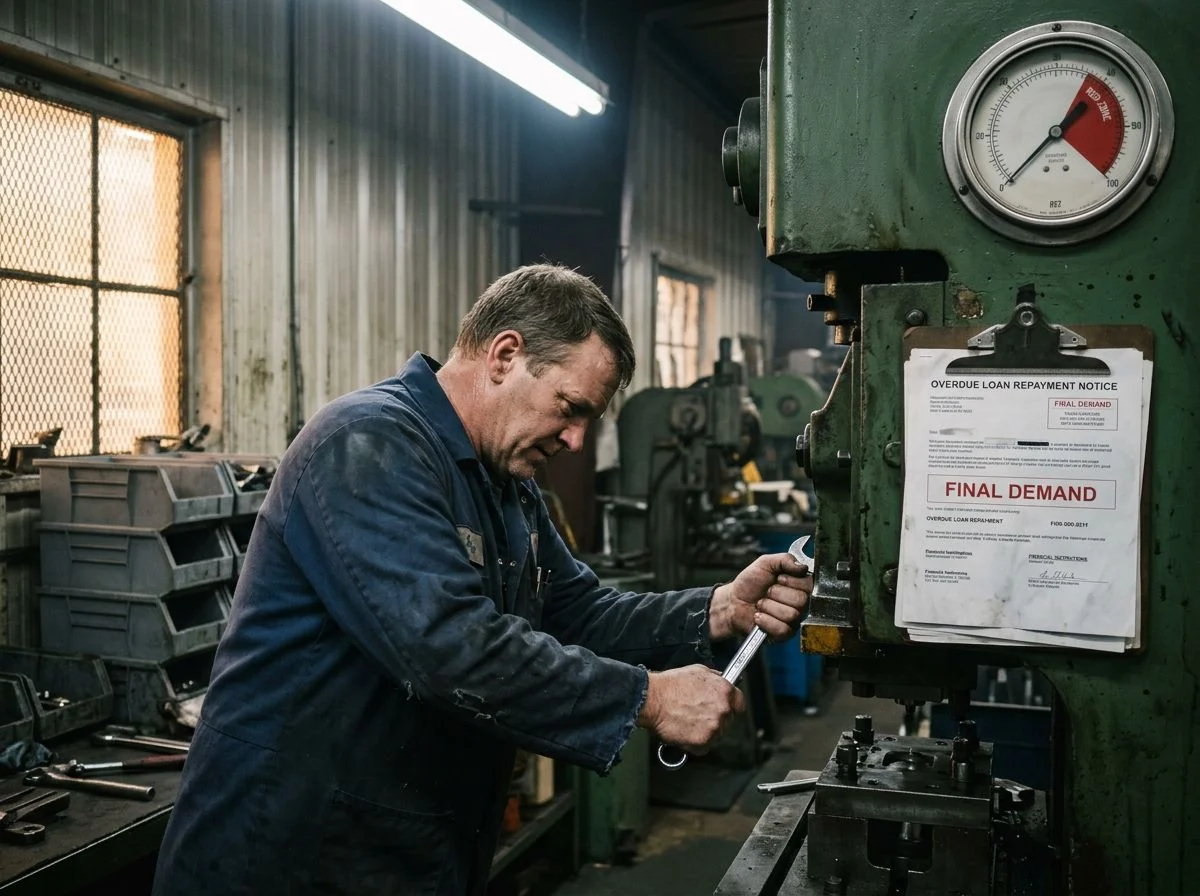 A tier-3 stamping shop worker tightening a die press beneath an analog pressure gauge reading in the red, with overdue loan notices taped to the machine.