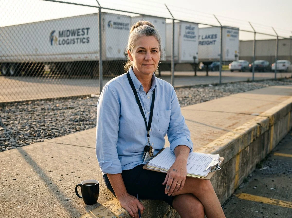 A veteran tier-2 buyer with silver-streaked hair sitting on a plant loading dock at golden hour, looking directly at the camera.